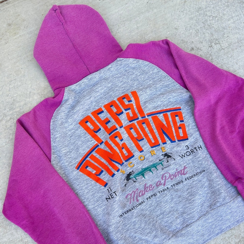 Vintage Pepsi Hoodie XL Faded Purple Grey Raglan Ping Pong Graphic 80s Rare Mens